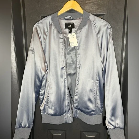 H&M satin look bomber jacket in size small steel blue color is beautiful - Picture 2 of 12